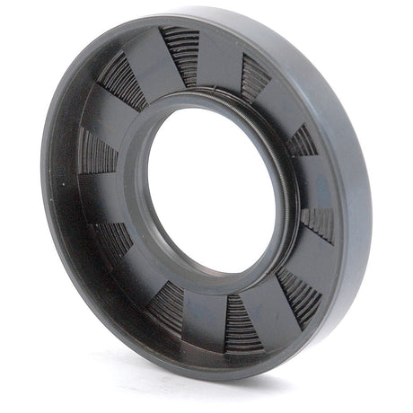 The Sparex Metric Rotary Shaft Seal, 30 x 62 x 10mm Double Lip (Sparex Part No. S.50250), is a black rubber oil seal featuring internal ridges and a round opening at the center, ideal for enhanced durability.