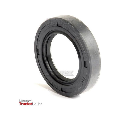 A black circular oil seal with visible markings, shown at an angle, placed against a plain white background. The bottom left corner displays the "Massey Tractor Parts" logo in red and black. This Sparex metric rotary shaft seal, 32 x 52 x 10mm Double Lip (Part No. S.50261), ensures optimal performance and reliability.