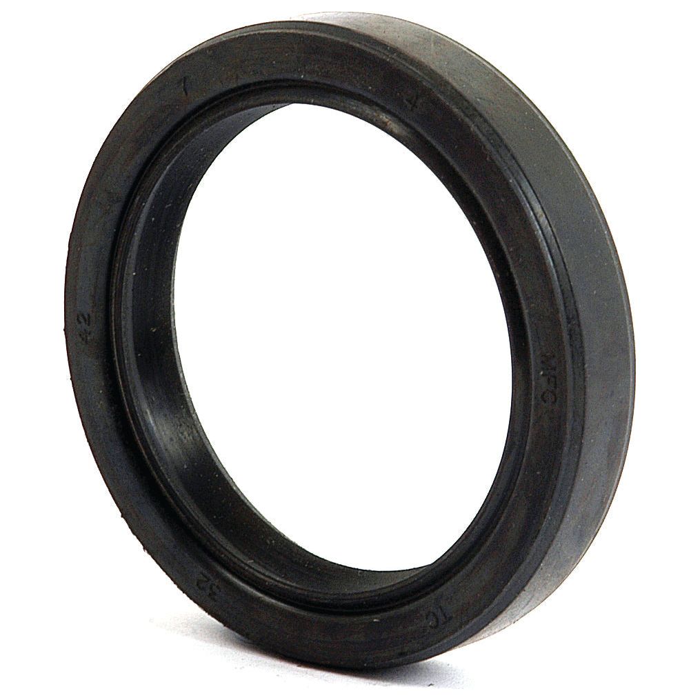 A Sparex Metric Rotary Shaft Seal (Part No. S.50254) with dimensions of 32 x 42 x 7mm features a double lip for enhanced sealing efficiency, and is depicted against a white background. The seal is circular, black, made of rubber, with a smooth inner lining and a grooved outer surface.