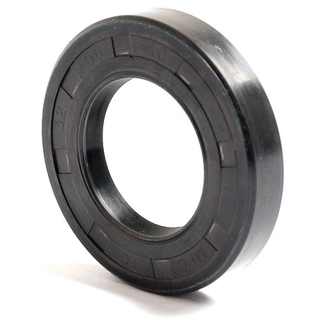 A close-up view of the Sparex Metric Rotary Shaft Seal, 32 x 56 x 10mm Double Lip (Sparex Part No. S.50263) with inscribed dimensions and markings. This circular seal features a hollow center, flat profile, and double lip for enhanced sealing efficiency.