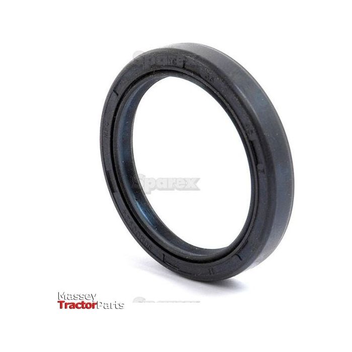 Close-up of a black rubber oil seal ring, specifically a Sparex Metric Rotary Shaft Seal (35 x 45 x 7mm Double Lip | Sparex Part No. S.50268), on a white background with "Massey Tractor Parts" text in the bottom left corner.