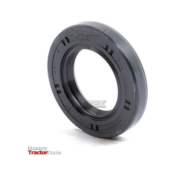 A black rubber oil seal with the "Sparex" brand name embossed on the top is viewed against a white background. The words "Metric Rotary Shaft Seal, 35 x 55 x 10mm Double Lip | Sparex Part No.S.50279" and "Massey Tractor Parts" are visible in the bottom left corner.