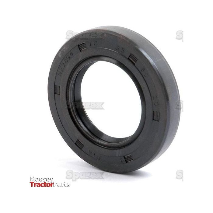 A black circular oil seal with engraved text on its surface, set against a white background. Brand markings include "Sparex" and it is identified as a Massey Tractor Part. This Metric Rotary Shaft Seal, featuring a double lip and measuring 35 x 60 x 10mm, corresponds to Sparex Part No.S.50284.
