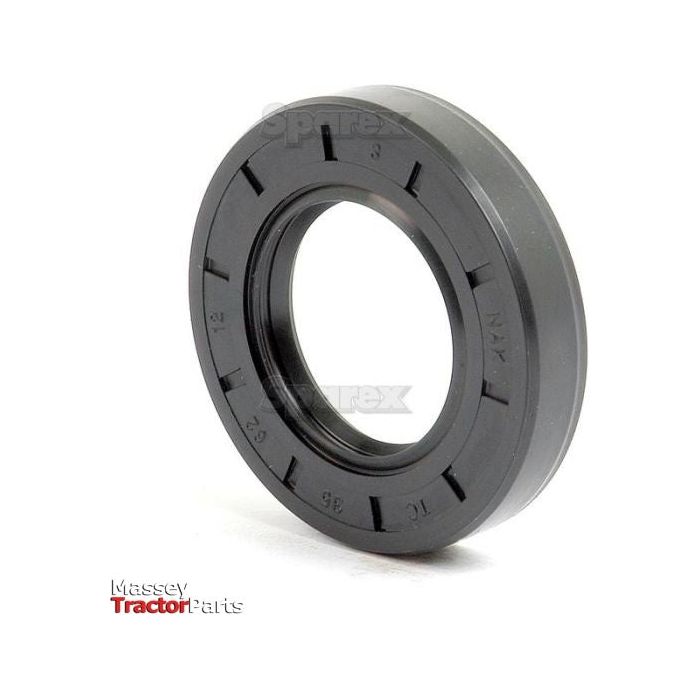 A black rubber Metric Rotary Shaft Seal with the brand name "Sparex" and embossed size specifications of 35 x 62 x 12mm. It features a double lip design, ideal for precision applications. The background is plain white and includes a faint "Massey Tractor Parts" logo. The product is identified as Sparex Part No.S.50288.