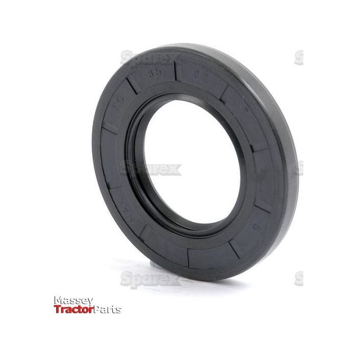 Close-up of a black rubber oil seal displayed upright on a white background. The seal, marked as a 35 x 62 x 7mm Metric Rotary Shaft Seal, has text and numbers inscribed on its surface. The Sparex logo is visible at the bottom left, with the product identified as Sparex Part No. S.50286.