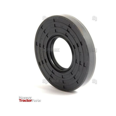 Close-up of a circular, black rubber oil seal, prominently featuring ridged detailing. Branded "Sparex," this Metric Rotary Shaft Seal (35 x 80 x 12mm) with Sparex Part No.S.50295 is suitable for agricultural machinery, particularly Massey Tractor parts. It features a double lip design for enhanced performance.