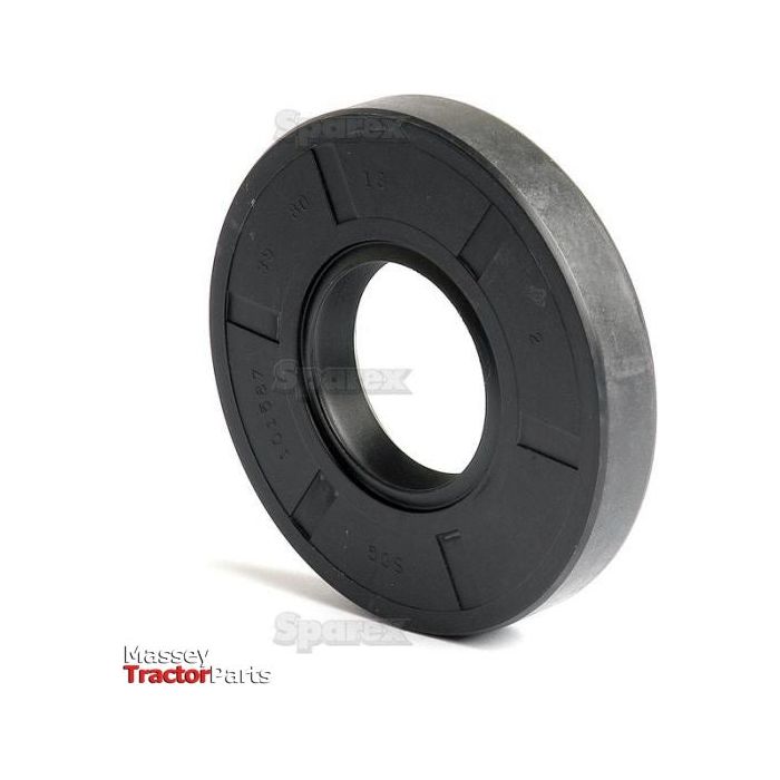 A black, circular rubber Metric Rotary Shaft Seal with a central hole and embossed numbers and letters, placed on a white background. The text "Massey Tractor Parts" is visible in the bottom left corner. This 35 x 80 x 13mm Double Lip Metric Rotary Shaft Seal boasts high-quality design and durability by Sparex, Part No.S.50296.