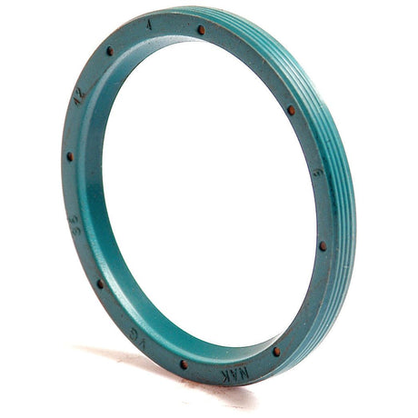 A turquoise circular metal gasket with numbers and letters etched around its edge, standing upright on a white background, resembles the Sparex Metric Rotary Shaft Seal, 35 x 42 x 4mm Single Lip | Sparex Part No.S.50267.