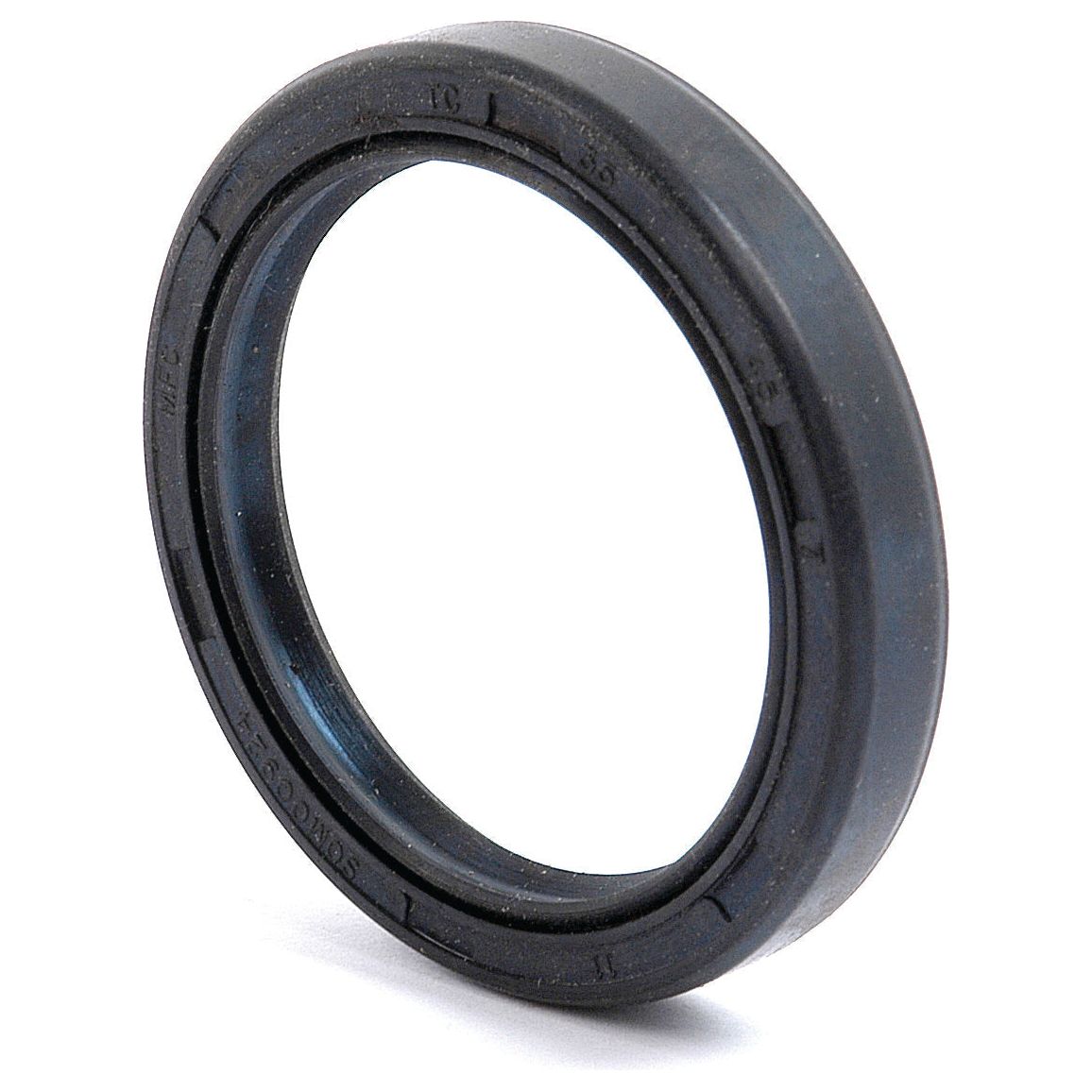 A black, circular Metric Rotary Shaft Seal from Sparex (35 x 45 x 7mm, Double Lip, Part No. S.50268) with visible grooves and markings, standing upright against a plain background.