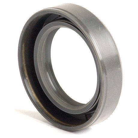 View of the Sparex Metric Rotary Shaft Seal, 35 x 52 x 12mm Double Lip (Sparex Part No. S.50277), featuring a raised outer edge and smooth inner ring for enhanced performance, from an angled perspective.