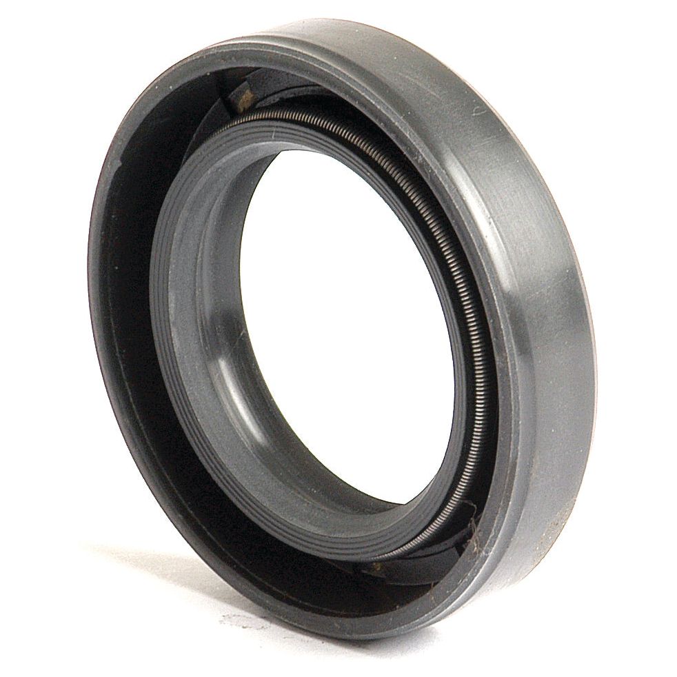 Close-up image of a black Metric Rotary Shaft Seal, 35 x 55 x 11mm Double Lip (Sparex Part No. S.50280) with a metal spring inside, typically used in machinery or automotive applications. This Sparex seal features a double lip design, ideal for enhanced sealing efficiency.
