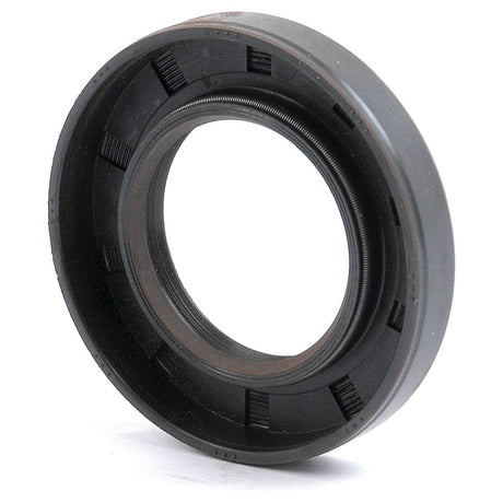 Close-up of the Sparex Metric Rotary Shaft Seal, 35 x 60 x 10mm (Sparex Part No.S.50284), which features a circular black double lip design with an interior coil spring, used for preventing fluid leakage in machinery.