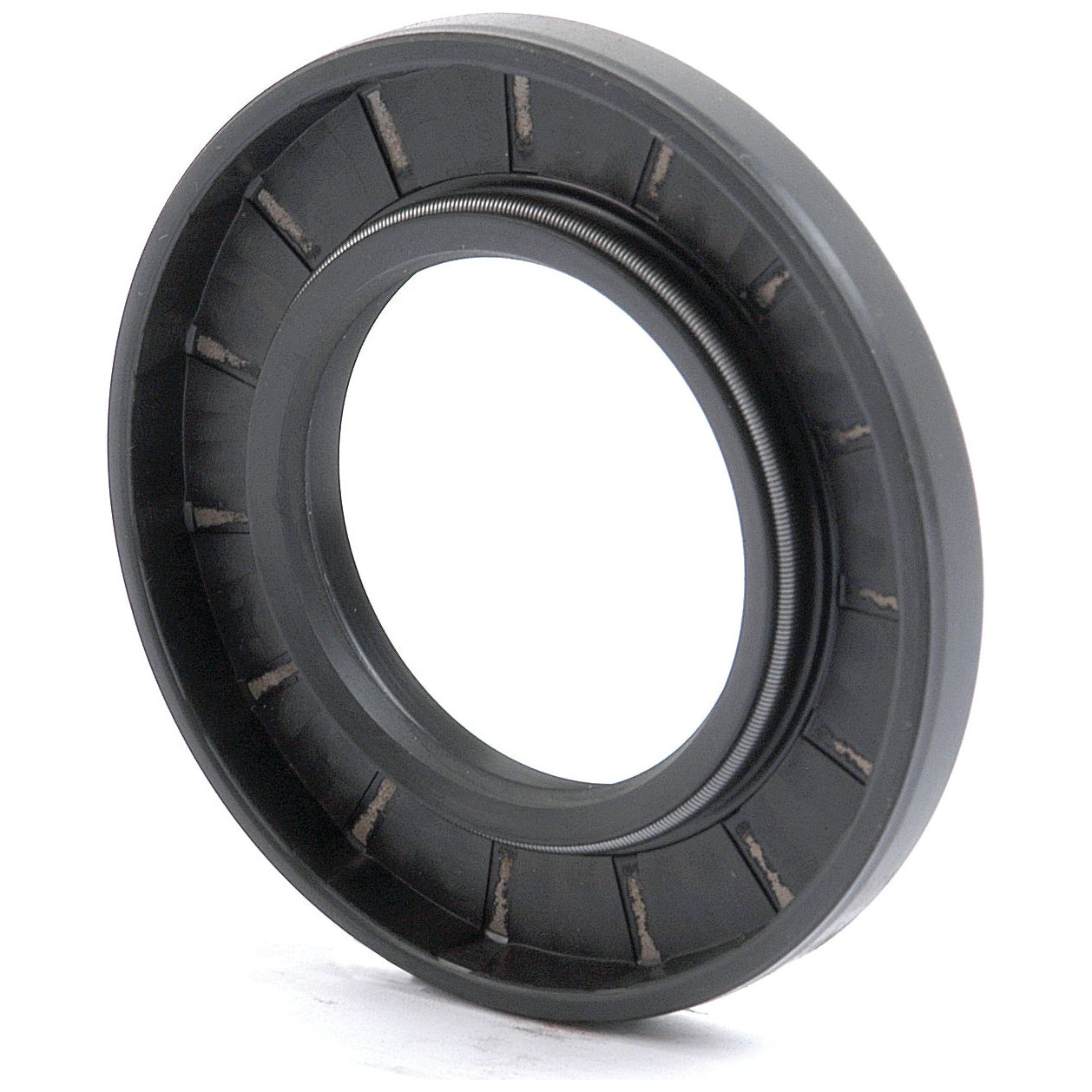 Close-up of a circular, black rubber Metric Rotary Shaft Seal with interior ridges and a central hollow opening, commonly used in mechanical assemblies to prevent leakage. This Sparex Double Lip 35x62x7mm seal (Sparex Part No.S.50286) ensures added protection.