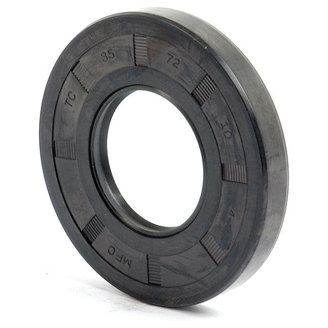 The Sparex Metric Rotary Shaft Seal, part number S.50292, measures 35 x 72 x 10mm and features a black rubber construction with ridged detailing. It is marked with "35", "72", "10", "TC", and "MFC." This double lip seal is designed to prevent fluid leakage in mechanical systems.