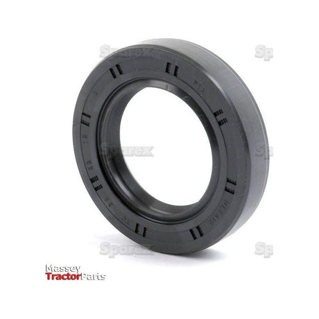A black rubber metric rotary shaft seal, measuring 38 x 62 x 12mm, with ridged outer edges and a smooth inner ring, labeled Sparex Part No. S.50307 for Massey Tractor Parts, featuring Double Lip technology.