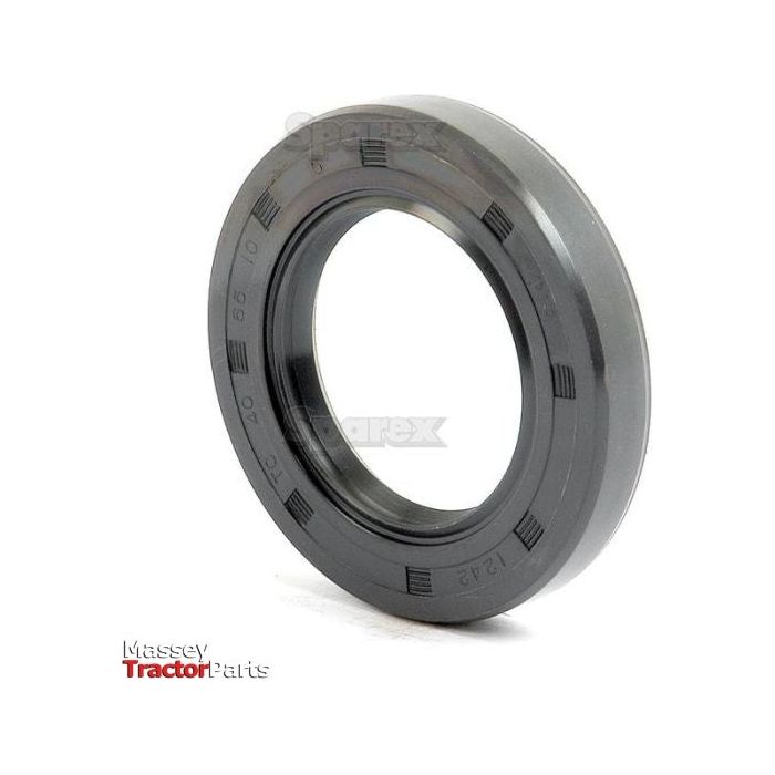 A black, circular oil seal with a ridged outer edge and double lip design. Label "Sparex Massey Tractor Parts" in the lower left corner. Brand: Sparex | Product: Metric Rotary Shaft Seal, 40 x 65 x 10mm Double Lip | Part No.: S.50322