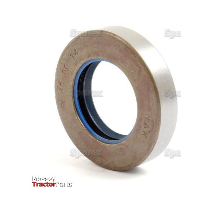 An industrial metal ring with a blue inner lining, labeled "Massey Tractor Parts" and model number "40 8074," featuring a Sparex Metric Rotary Shaft Seal measuring 40mm x 68mm x 14mm (Sparex Part No. S.41739).