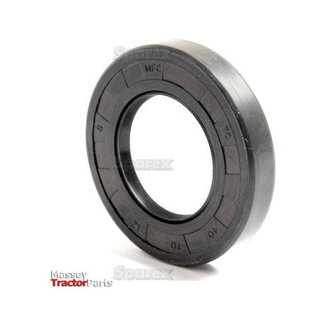 Close-up of a black circular oil seal with inscriptions visible on its surface, featuring the Sparex logo. This is a Metric Rotary Shaft Seal (Sparex Part No. S.50326) with Double Lip design and dimensions of 40x70x12mm, placed on a white background, accompanied by the Massey Tractor Parts logo.