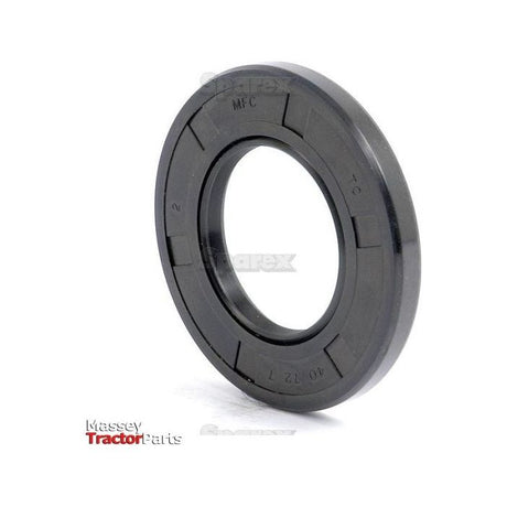 Against a white background, the black rubber Metric Rotary Shaft Seal from Sparex, labeled "MFC" and "40 72 10 TC," features internal ridges. This double lip seal, identified by Sparex Part No.S.50327, measures 40 x 72 x 7mm. A partial "Massey Tractor Parts" logo is visible in the corner.
