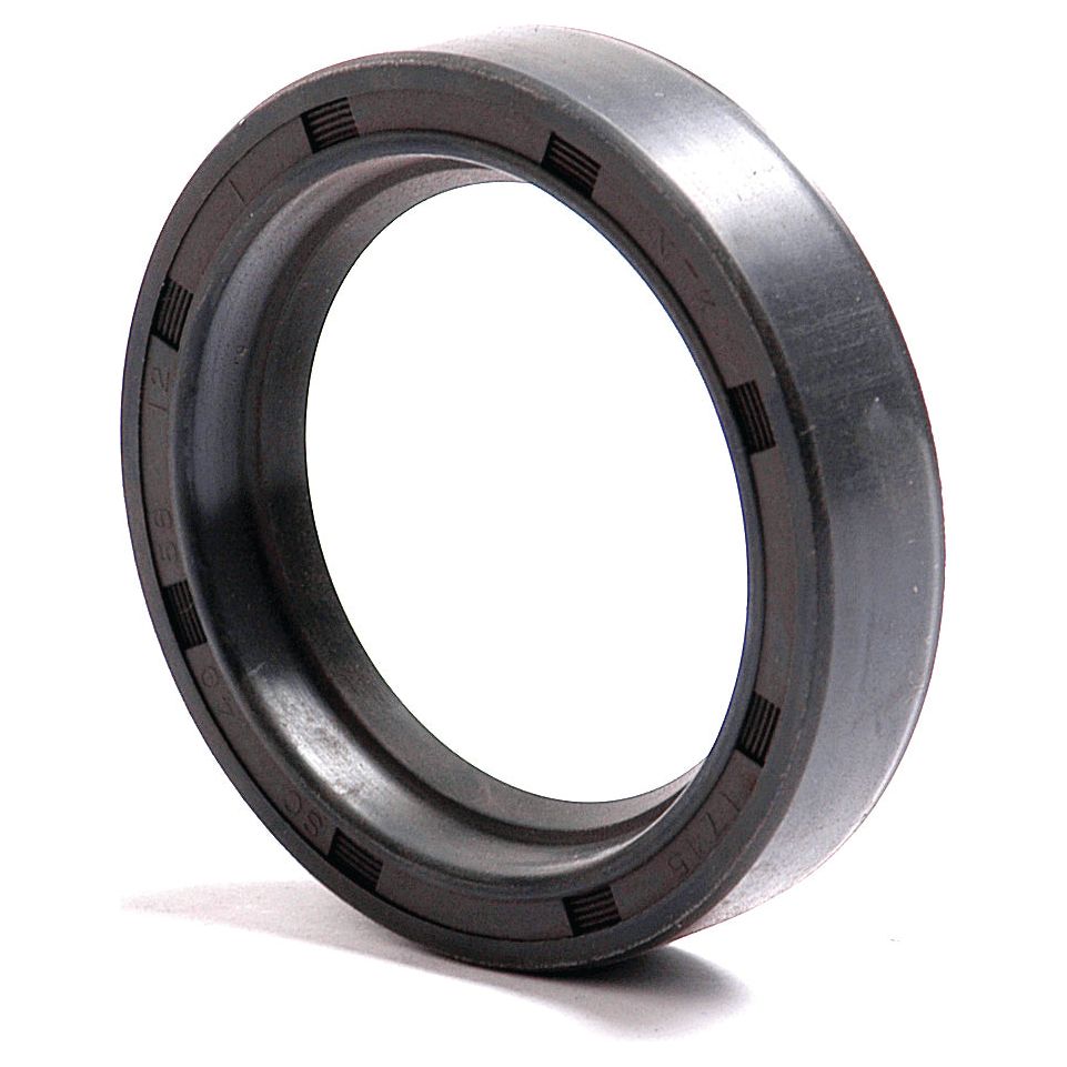 Close-up of a cylindrical, dark-colored Sparex Metric Rotary Shaft Seal, 40 x 56 x 12mm (Sparex Part No.S.50315), with a smooth outer surface and grooves on the inner edge, standing upright on a white background. This Single Lip seal adheres to DIN 3760 standards.