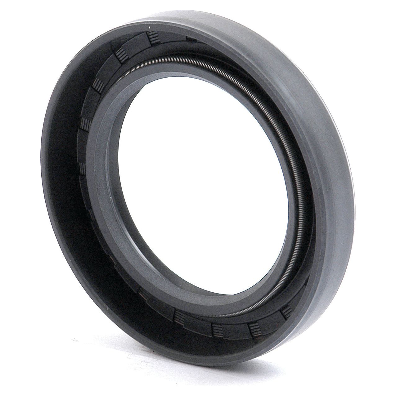 A Sparex Metric Rotary Shaft Seal, part number S.50317, in black and grey with dimensions of 40 x 60 x 10mm, features an inner metal spring component and a double lip design for enhanced durability.