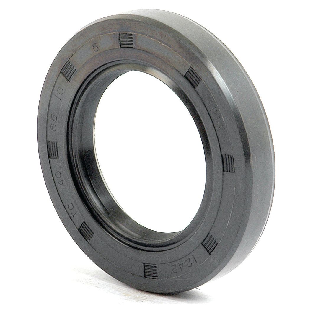 Close-up of the Sparex Metric Rotary Shaft Seal, 40 x 65 x 10mm Double Lip (Part No. S.50322) in black rubber with ridged edges and printed markings. It features a circular shape with a hole in the center.