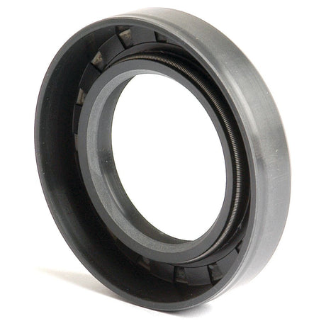 A close-up image of the Sparex Metric Rotary Shaft Seal (Sparex Part No. S.50323) viewed from a slight angle, showcasing its black rubber and metal construction with inner and outer rings featuring sealing grooves. This double lip design measures 40 x 65 x 12mm.