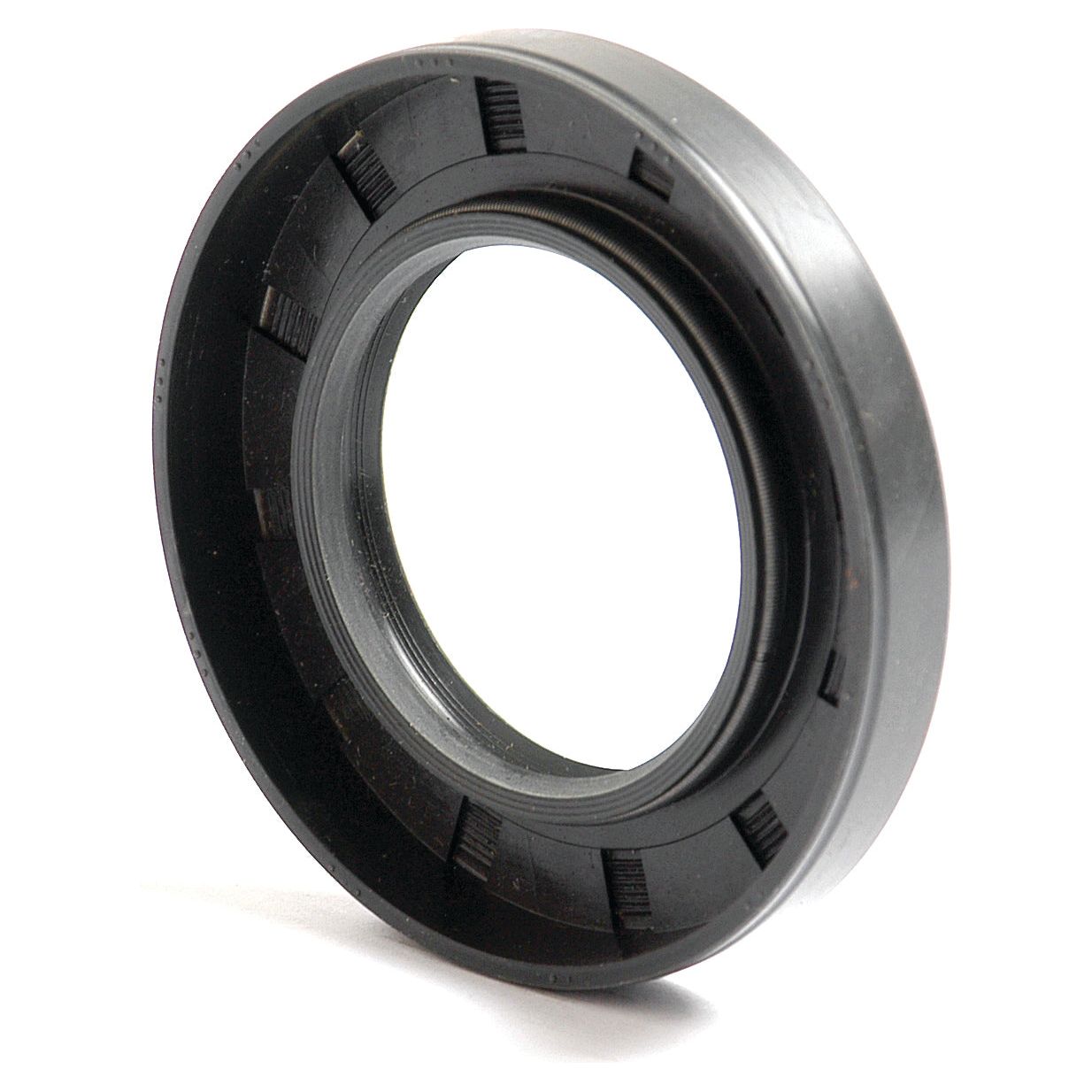 A close-up of a black rubber oil seal with grooves, typically used in machinery and automotive applications. This Sparex Metric Rotary Shaft Seal, 40 x 70 x 10mm Double Lip (Sparex Part No. S.50324), ensures tight sealing and durability.