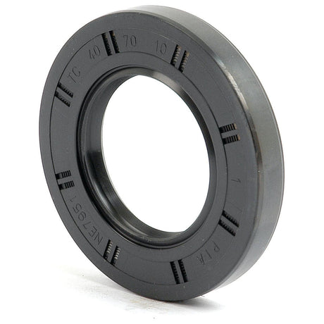 A Sparex Metric Rotary Shaft Seal, 40 x 70 x 10mm Double Lip (Part No. S.50325) is displayed upright, highlighting its precision with distinct numbers and markings on its black rubber surface.