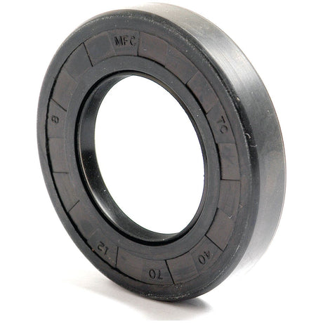 The Sparex Metric Rotary Shaft Seal, listed as Part No. S.50326, is a black rubber oil seal featuring a round shape with inner and outer rings. This Double Lip variant measures 40 x 70 x 12mm and is marked with "MFC" along with various numbers and letters for identification.