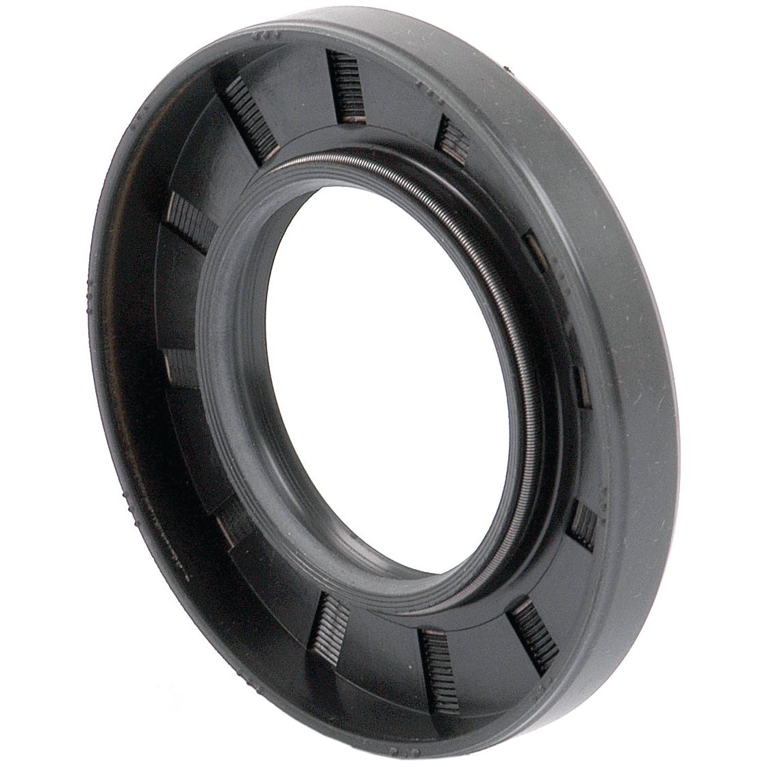 Close-up image of a Sparex Metric Rotary Shaft Seal, 40 x 72 x 10mm Double Lip (Sparex Part No.S.50328) in black rubber with a circular shape, ridged outer edge, and a hollow center.