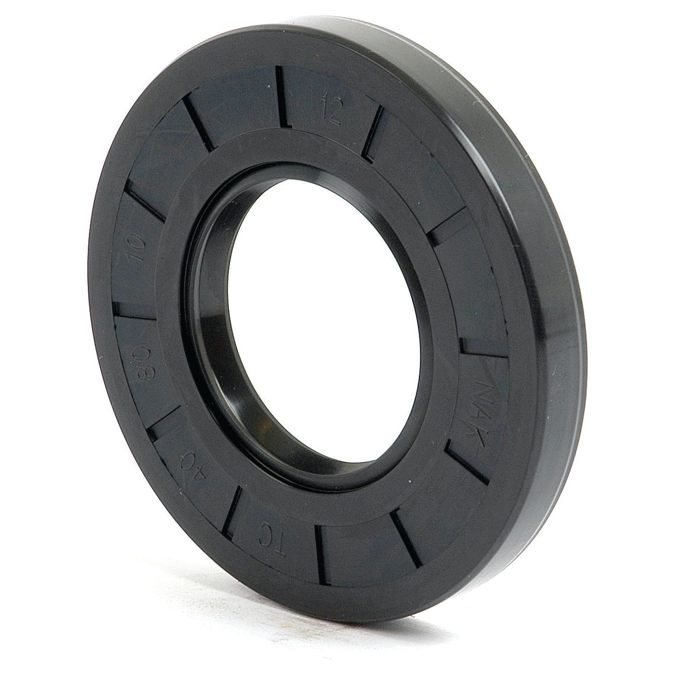 A black circular rubber oil seal featuring an inner and outer ring, with ridges on the outer edge and the text "12," "TC," along with other markings engraved on its surface. The Sparex Metric Rotary Shaft Seal, measuring 40 x 80 x 10mm Double Lip (Sparex Part No.S.50330), is designed for reliable performance.