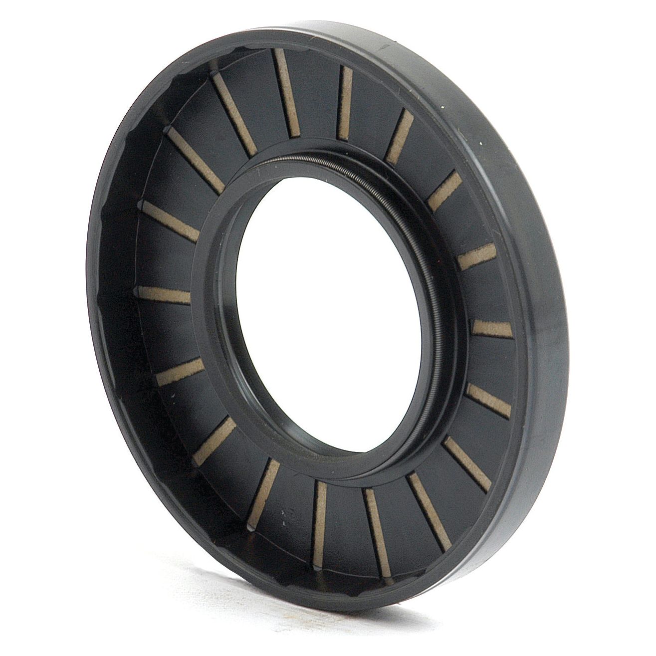 The Sparex Metric Rotary Shaft Seal, 40 x 80 x 10mm Double Lip (Sparex Part No.S.50330), is a black mechanical oil seal with a circular shape and radial ridges on the inner circumference, designed for enhanced performance.