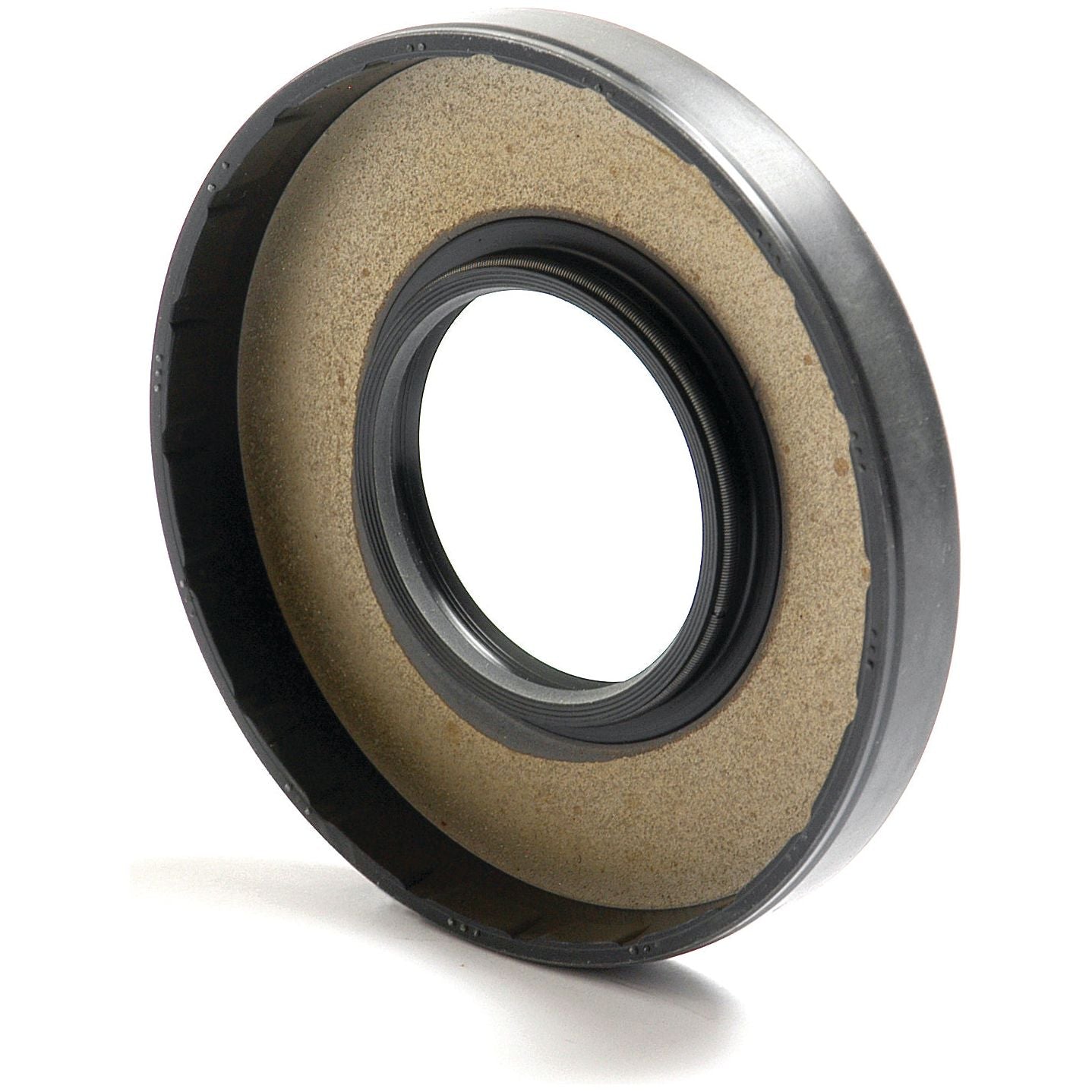 Close-up image of a circular mechanical seal with a black exterior and beige inner ring, designed for use in machinery or automotive applications. This Sparex Metric Rotary Shaft Seal (Part No. S.50332) features a Double Lip and measures 40 x 90 x 12mm.