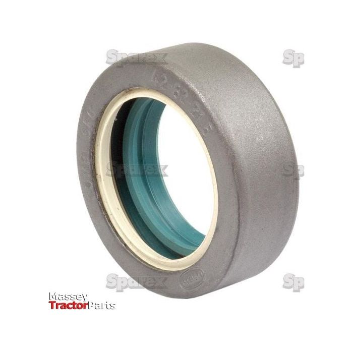 A circular gray metal part featuring a blue inner ring and engraved markings, appearing to be a mechanical component. The text "Massey Tractor Parts" is visible in the bottom left corner, alongside "Metric Rotary Shaft Seal, 42 x 62 x 21.5mm | Sparex Part No.S.65037.