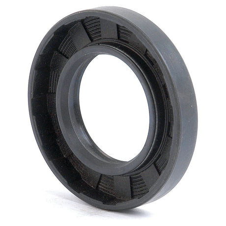 Close-up image of a black rubber and metal oil seal, featuring a circular design and ridged interior. This Sparex Metric Rotary Shaft Seal, 42 x 60 x 10mm Double Lip (Sparex Part No. S.50334), is ideal for John Deere machinery.