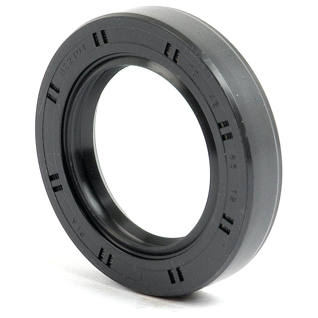 The Sparex Metric Rotary Shaft Seal, 42 x 65 x 12mm Double Lip (Part No. S.50337), is a black circular oil seal with a rubber outer diameter, featuring markings and ridges on its surface, specifically designed for machine use to ensure precise performance and durability.
