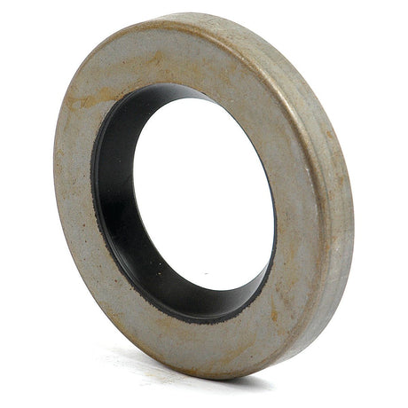 A metallic circular washer with a smooth silver finish, featuring a central black rubber seal, resembles the Metric Rotary Shaft Seal, 42 x 72 x 10mm from Sparex (Part No. S.62447).