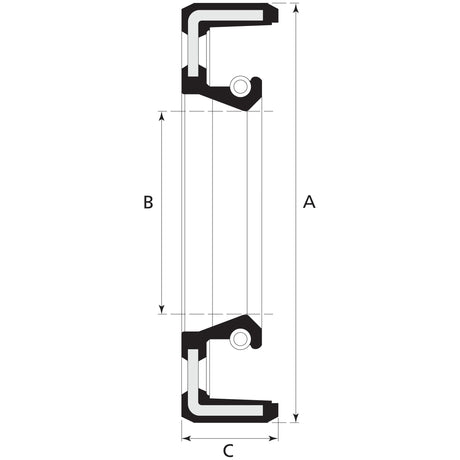 Cross-sectional diagram of a mechanical component with labels A, B, and C indicating dimensions. This Sparex Metric Rotary Shaft Seal (Part No. S.50339), measuring 42 x 72 x 12mm, features a symmetrical design with detailed geometric structures and angles.