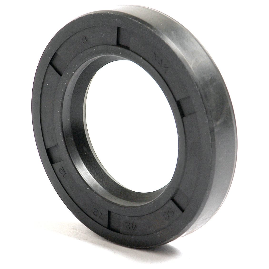 The Sparex Metric Rotary Shaft Seal, 42 x 72 x 12mm Single Lip (Part No.S.50339), is a black rubber oil seal with a circular shape that features numbers and markings on its outer edge for easy identification and optimal performance.