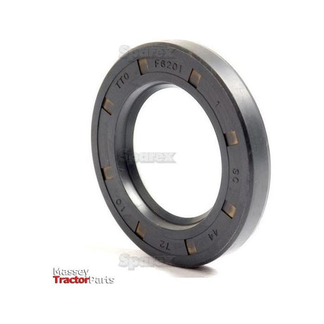 A gray rubber oil seal marked "TTO F6201" along with other alphanumeric codes is displayed. This Metric Rotary Shaft Seal, available under Sparex Part No. S.50343, measures 44 x 72 x 10mm and features a Single Lip design. The Massey Tractor Parts logo is visible in the bottom left corner.
