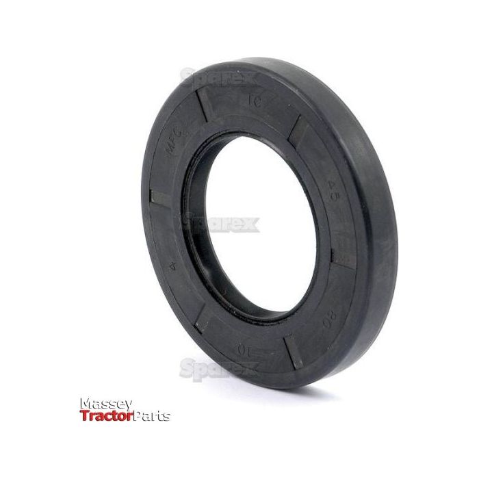 Image of a black rubber oil seal for a tractor, engraved with "Spares." The label "Sparex" is partially visible on the bottom left. This Metric Rotary Shaft Seal measures 45 x 80 x 10mm and features a double lip design, identified as Sparex Part No.S.50359.