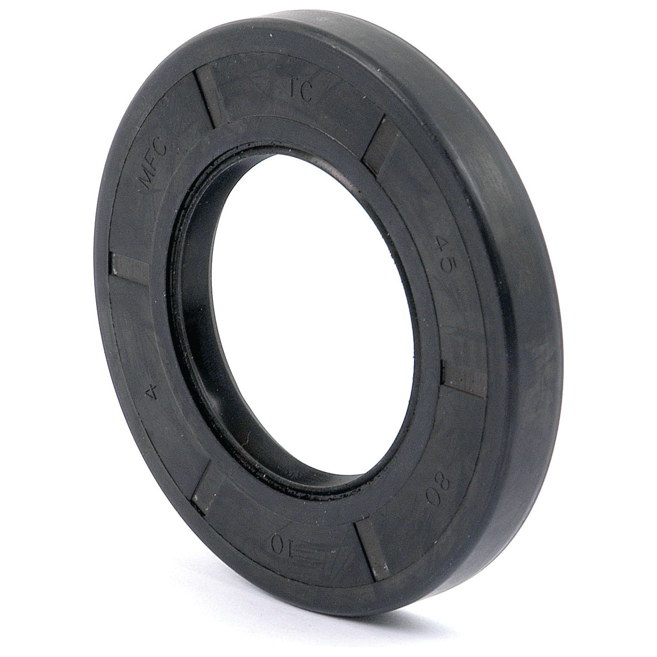 A black Sparex Metric Rotary Shaft Seal (Part No. S.50359) with a double lip design and markings indicating its size (45 x 80 x 10 mm) and manufacturer on its surface. The seal features a circular shape with an inner ring and outer edge.