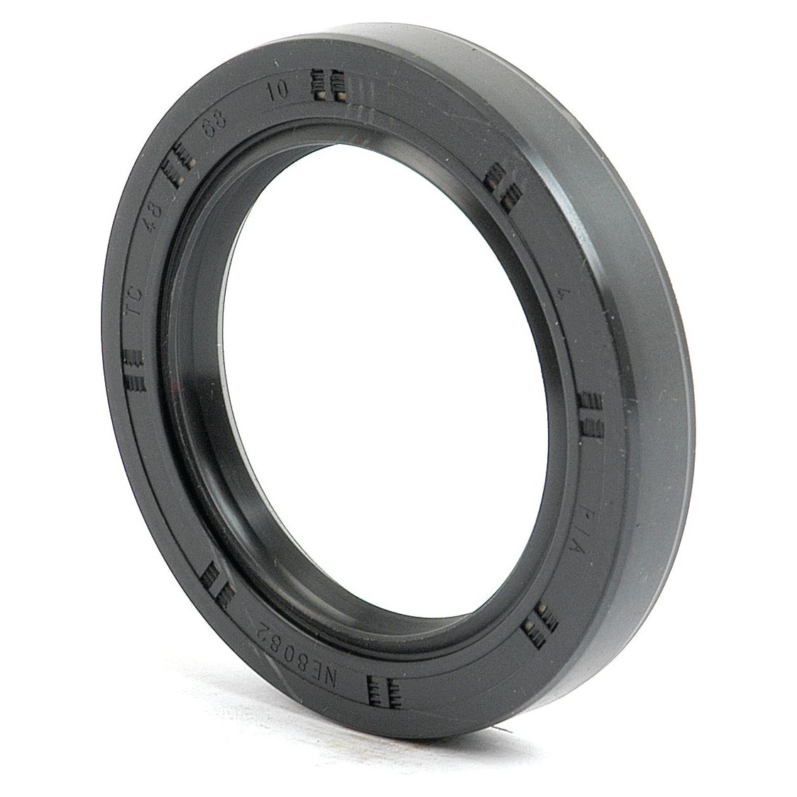 A Sparex Metric Rotary Shaft Seal, 48 x 68 x 10mm Double Lip (Part No. S.50366), with numerical markings on its black rubber surface, viewed on a plain white background.