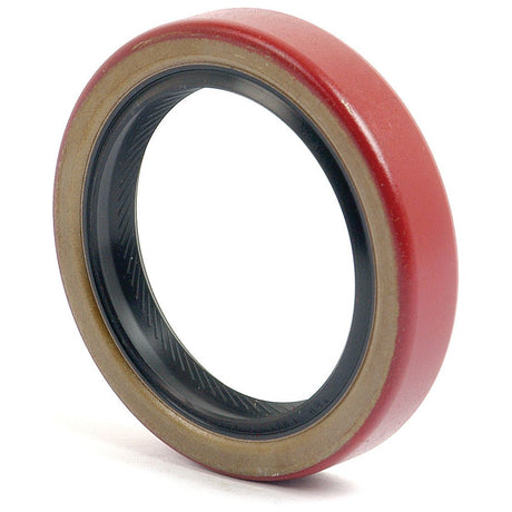A Sparex Metric Rotary Shaft Seal, 49 x 68.4 x 12.6mm, with a red outer ring and a black inner lining, stands upright against a white background.