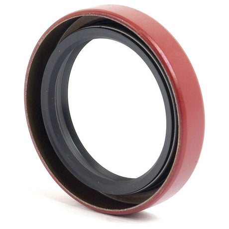 Close-up of a circular metal and rubber oil seal with a red outer layer and black inner ring, used in mechanical systems to prevent fluid leakage. This Sparex Metric Rotary Shaft Seal, 49 x 68.4 x 12.6mm (Sparex Part No.S.41541), is commonly found in Massey Ferguson tractors, ensuring reliable performance.
