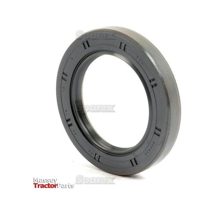 A black rubber Metric Rotary Shaft Seal, measuring 50 x 75 x 10mm, designed for use with Massey Ferguson tractors. The image also displays the "Sparex" and "Massey Tractor Parts" logos and highlights its Double Lip feature. The product is identified as Sparex Part No.S.50381.
