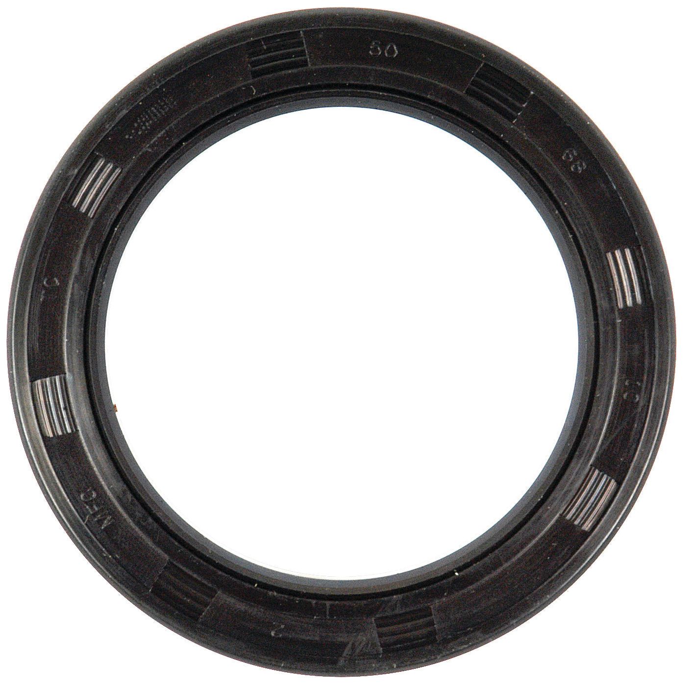 Close-up image of a circular black rubber oil seal with visible ridges and markings around its inner circumference, resembling the Sparex Metric Rotary Shaft Seal, 50 x 68 x 10mm Double Lip (Part No. S.50374).