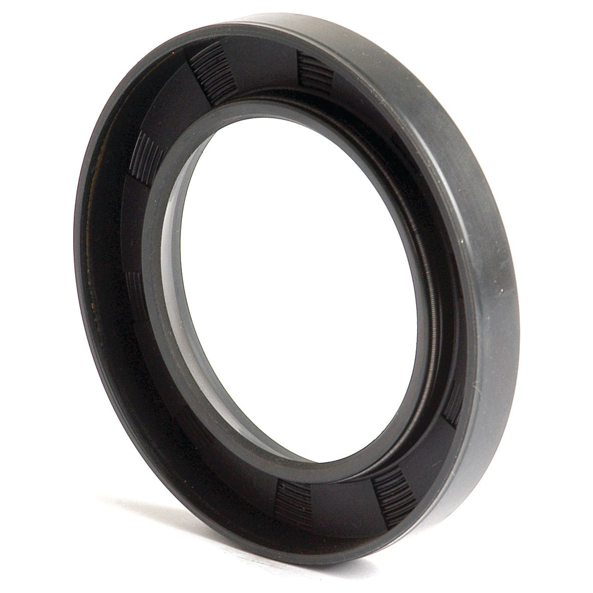 Close-up of a round, black mechanical seal featuring ribbed inner edges and a smooth, outer ring. This Sparex Metric Rotary Shaft Seal (50 x 76 x 10mm Single Lip | Part No.S.50383) ensures durability and precision in various applications.