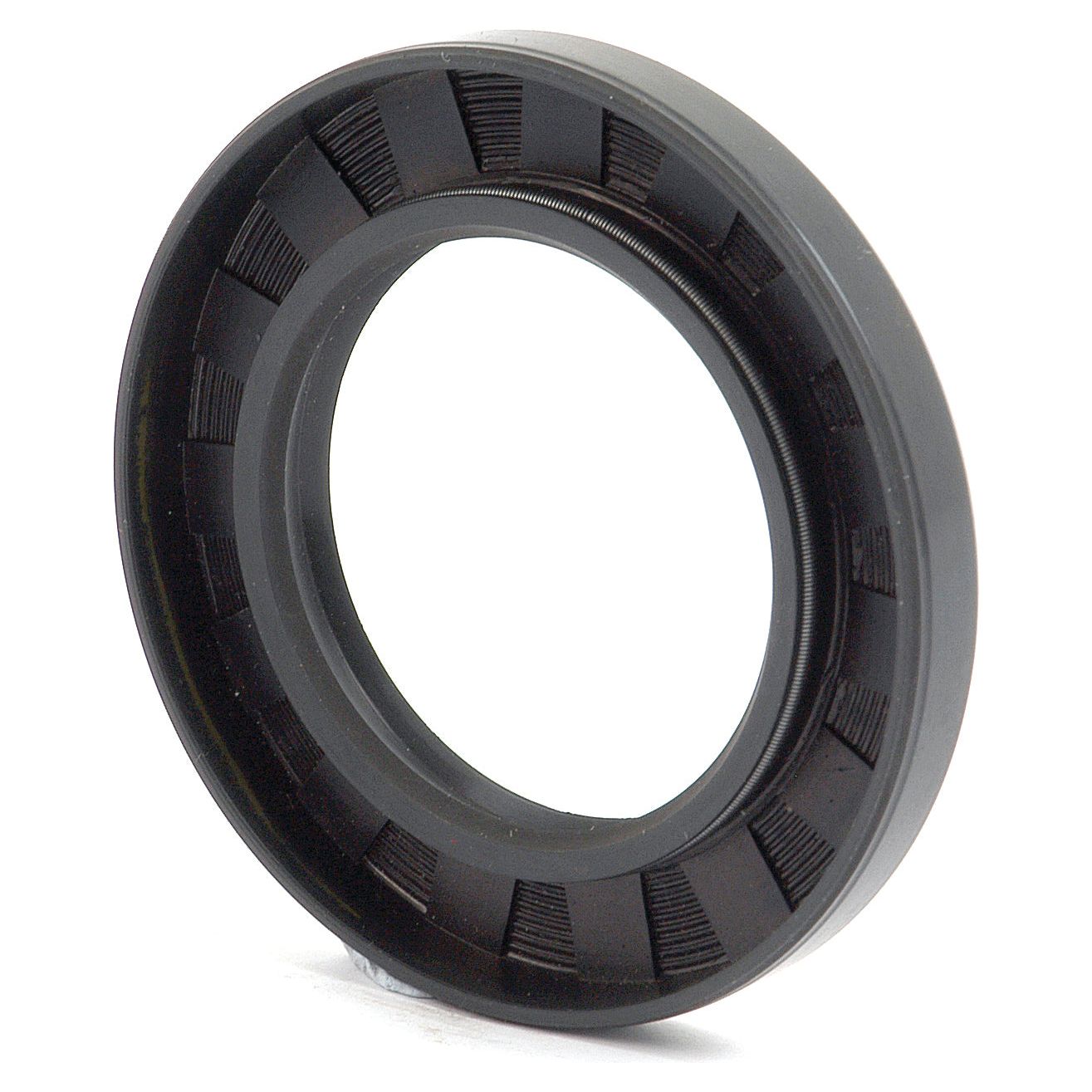 The Sparex Double Lip Metric Rotary Shaft Seal, Sparex Part No. S.50386, with dimensions of 50 x 80 x 10mm, is a black rubber seal featuring a circular shape and detailed ridges on the inner edge, designed to prevent fluid leakage in machinery.